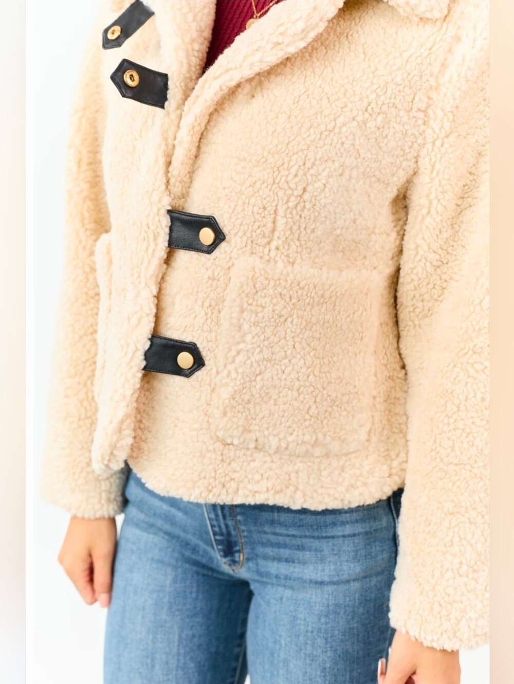 Jodifl Cream Sherpa Jacket Black Faux Leather Toggle Buttons Size S - Picture 2 of 5